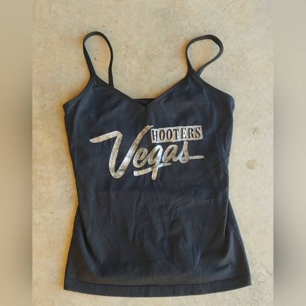 RARE Vintage 90s Black Silver Hooters Las Vegas Built-in Bra Tank Top